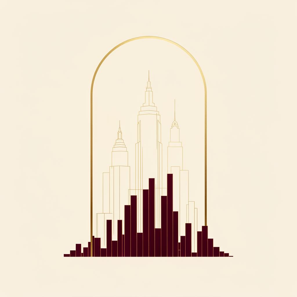 Arco dorado enmarcando un skyline financiero, identidad visual de Sanctorum Firm